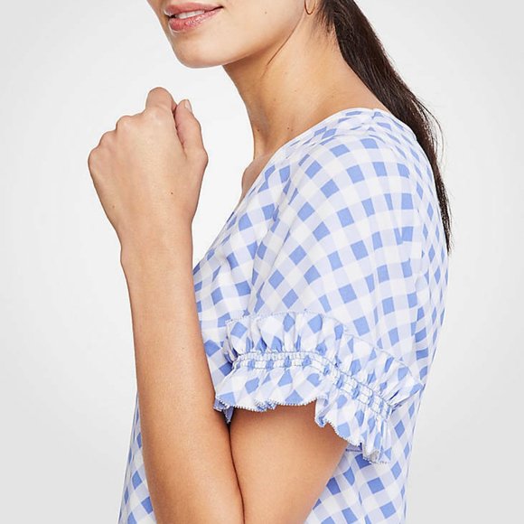Ann Taylor Blue Gingham Ruffle Sleeve Shift Dress - Picture 2 of 5